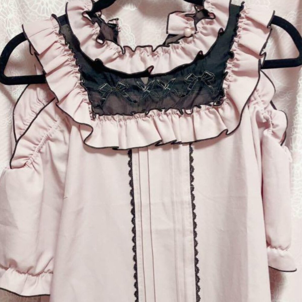 Dear My Love Cold Shoulder Puff Sleeve Sheer Front Bow Ruffle Blouse